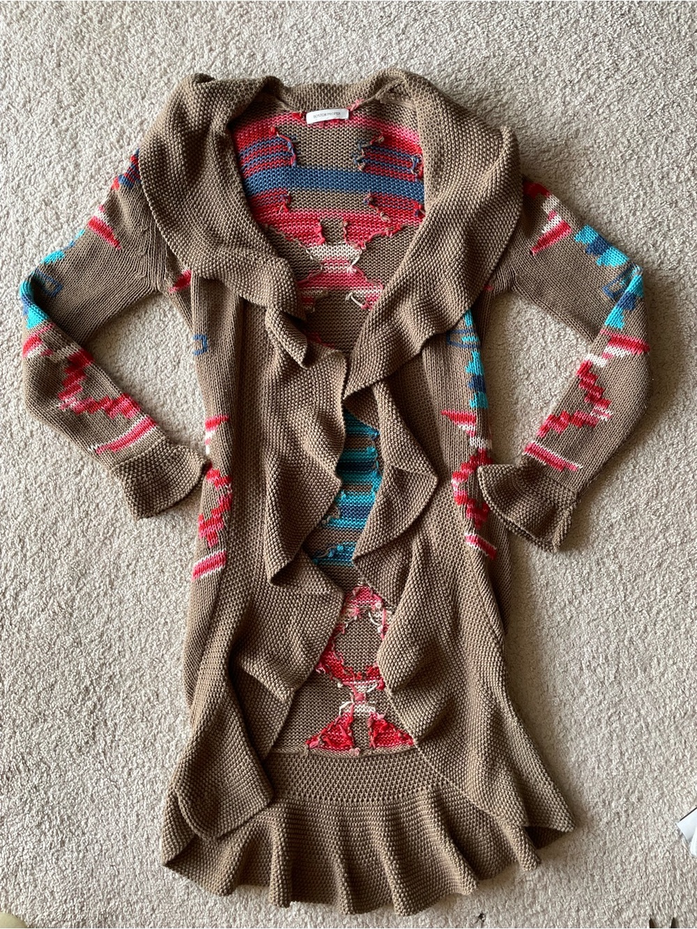 Boston Proper Ruffle-Front Knit Cardigan Brown Multicolor Western Women Size S